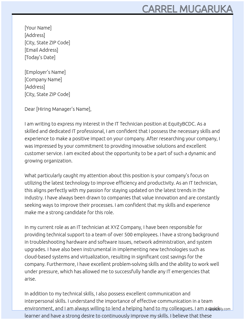 IT technician At equitybcdc Cover Letter