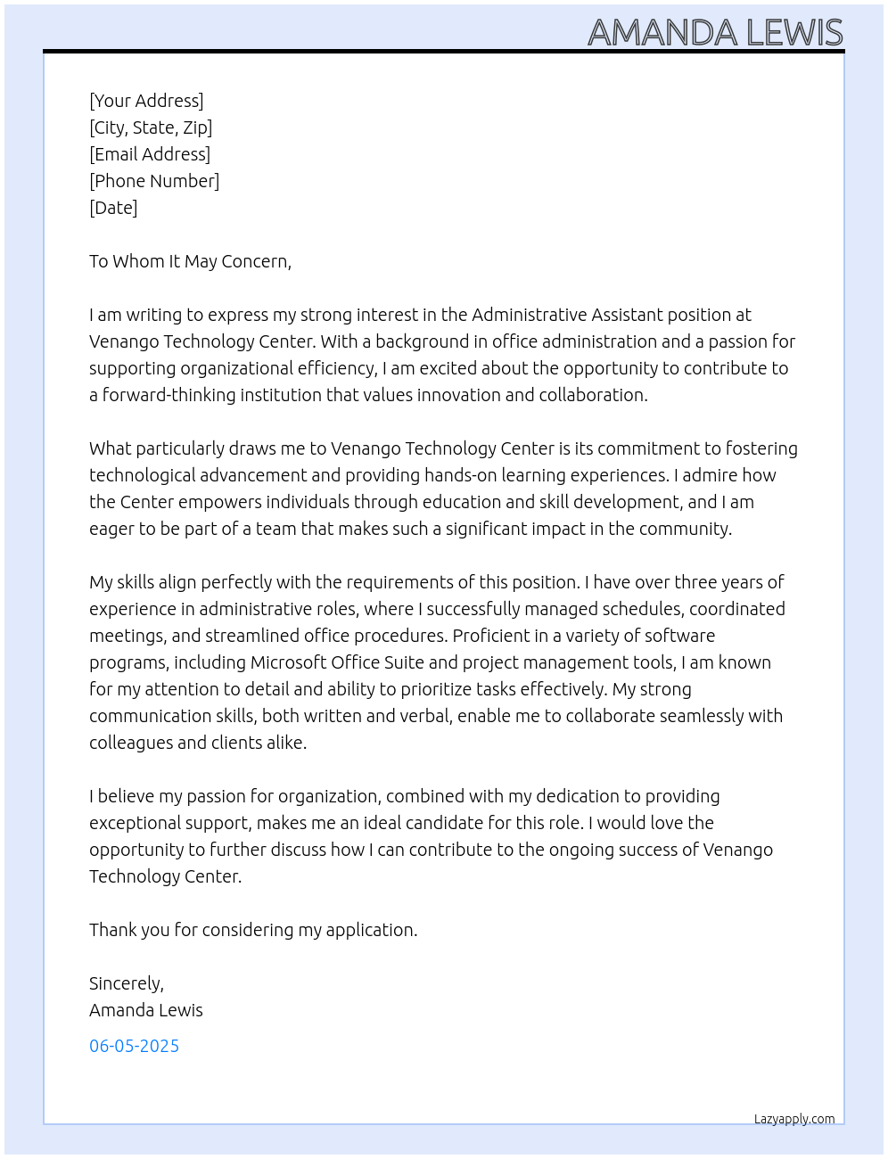 Administrative Assistant At Venango Technology Center Cover Letter