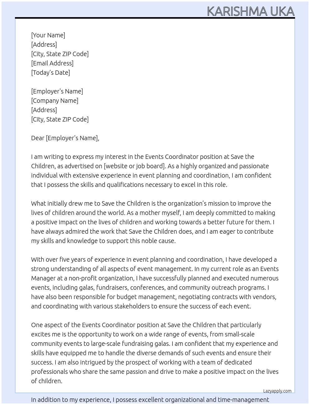 Events Coordinator At save the children Cover Letter