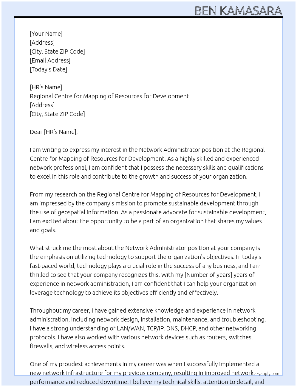 network administrator At Regional Centre for Mapping of Resources for Development Cover Letter