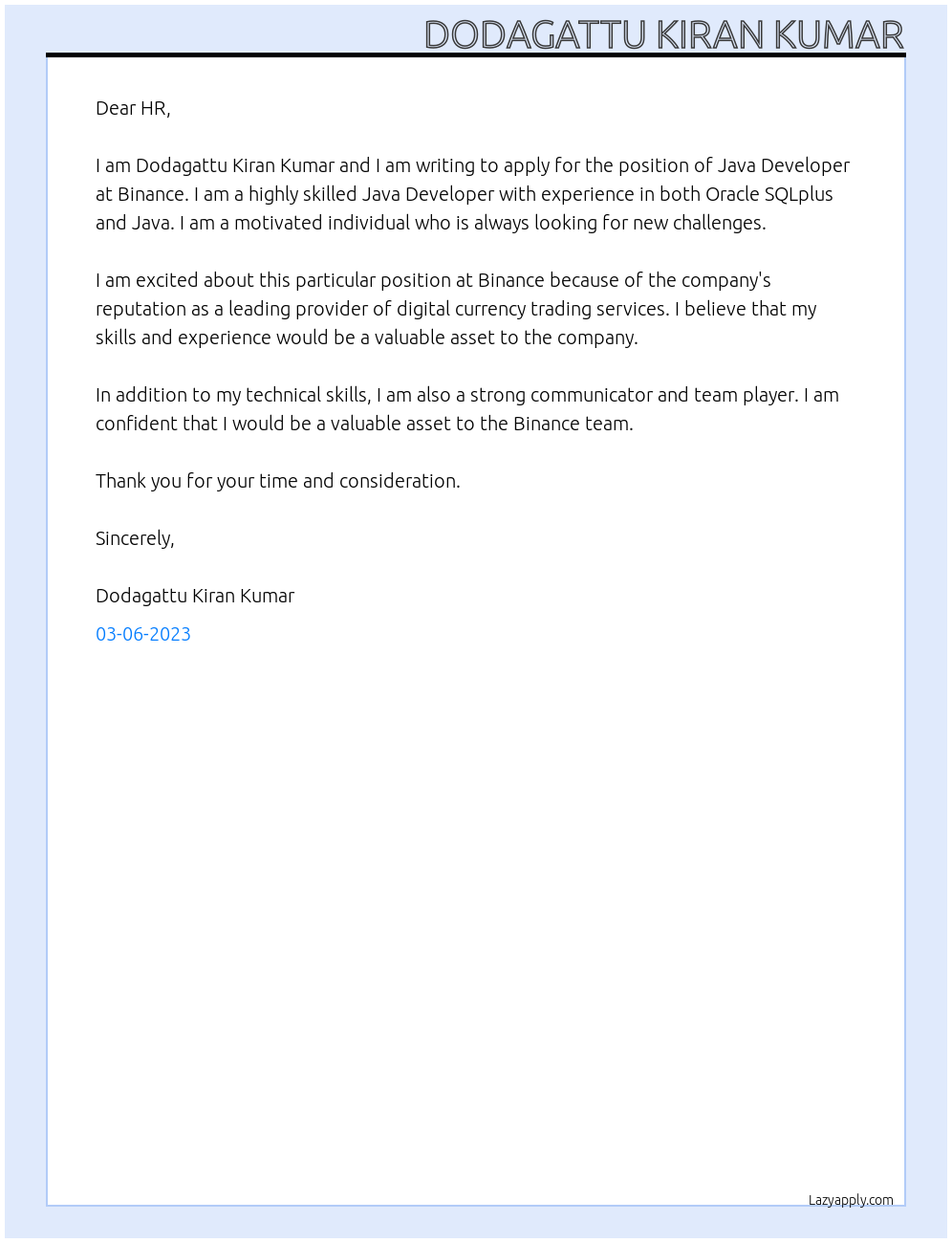 java developer At Binance Cover Letter