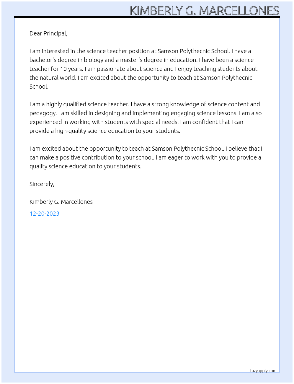 science teacher At Samson Polythecnic School Cover Letter