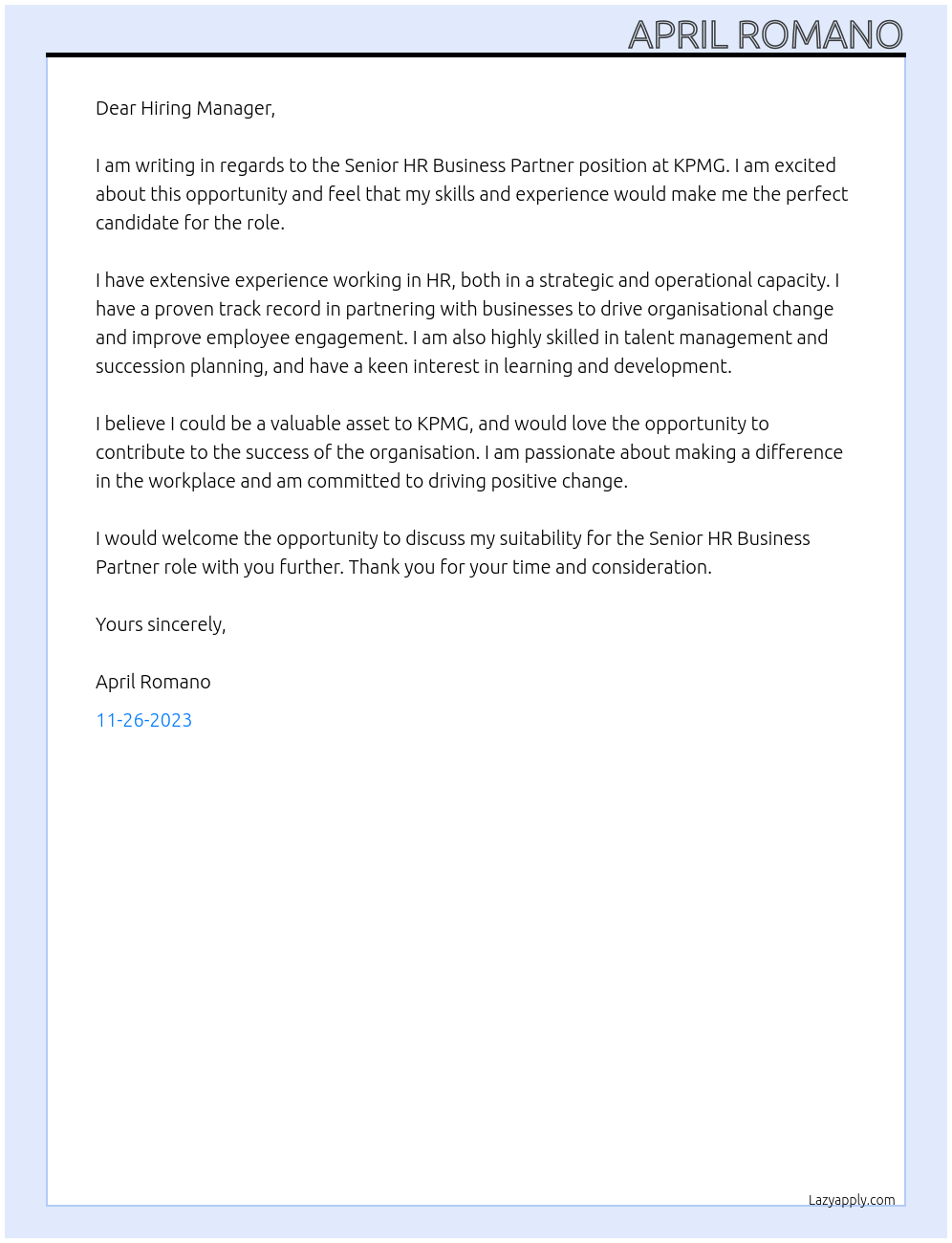 Senior HR Business Partner At KPMG Cover Letter