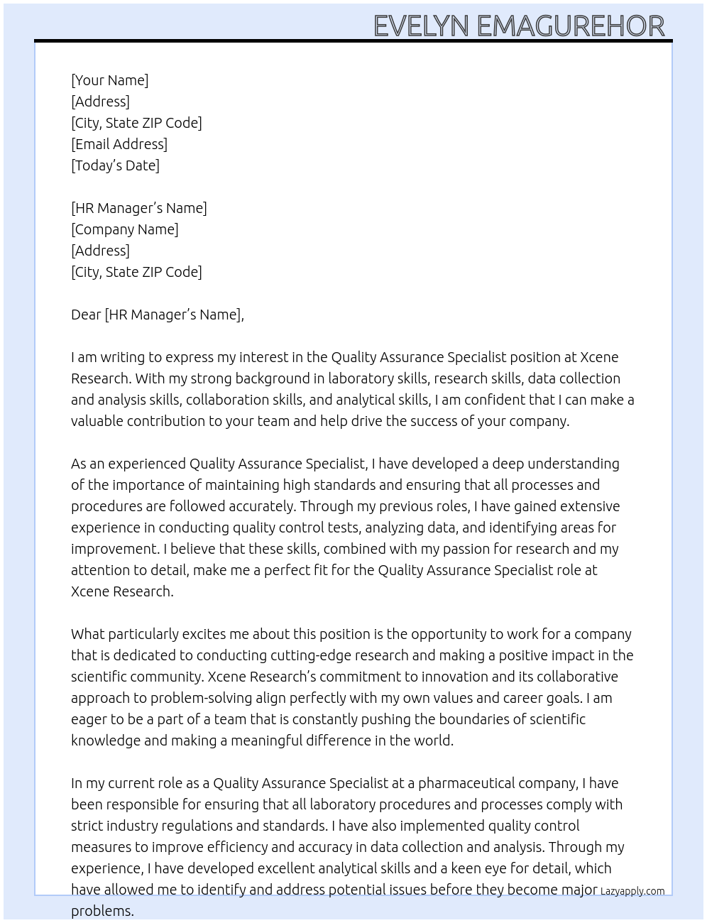 Quality Assurance Specialist At  Xcene Research  Cover Letter