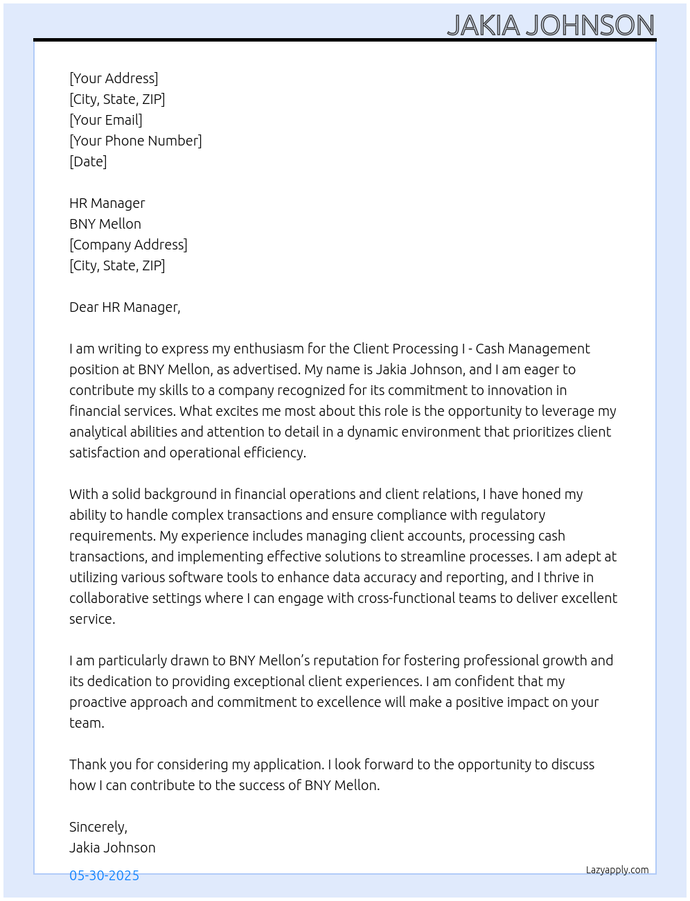 Client Processing I - Cash Management At BNY Mellon Cover Letter