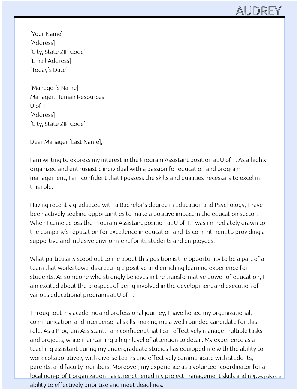 program assistant At U of T Cover Letter