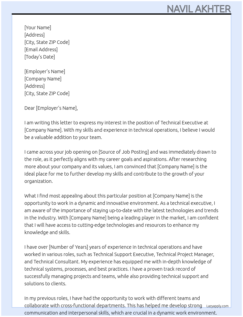 Technical Executive At xxx Cover Letter