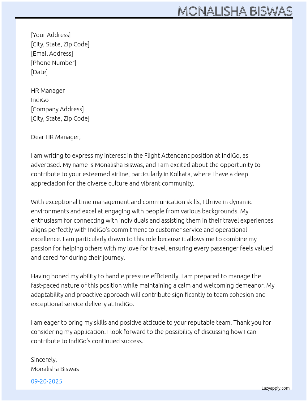 Flight attendant At Indigo Cover Letter