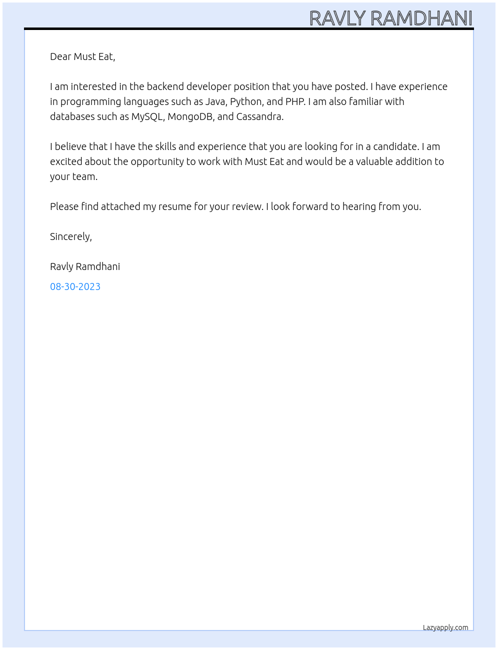 Backend Developer At Must Eat Cover Letter