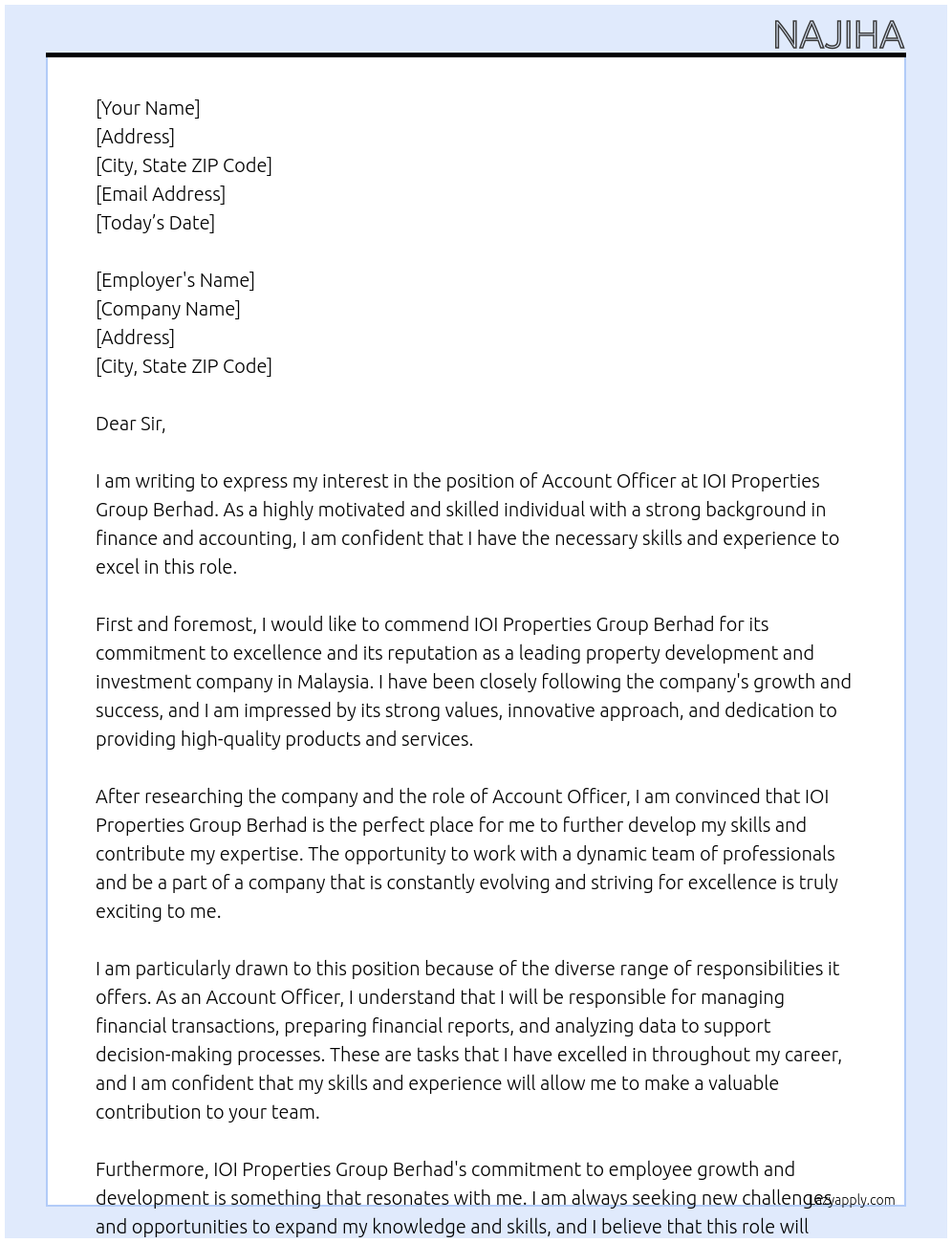 Account Officer At IOI Properties Group Berhad Cover Letter