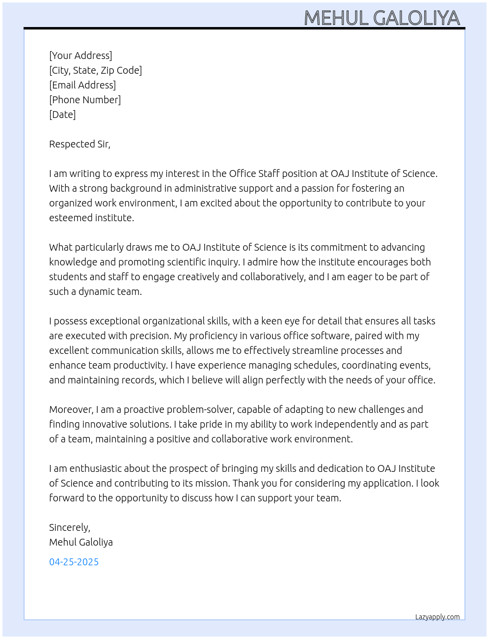 Office staff At OAJ INSTITUTE OF SCIENCE Cover Letter