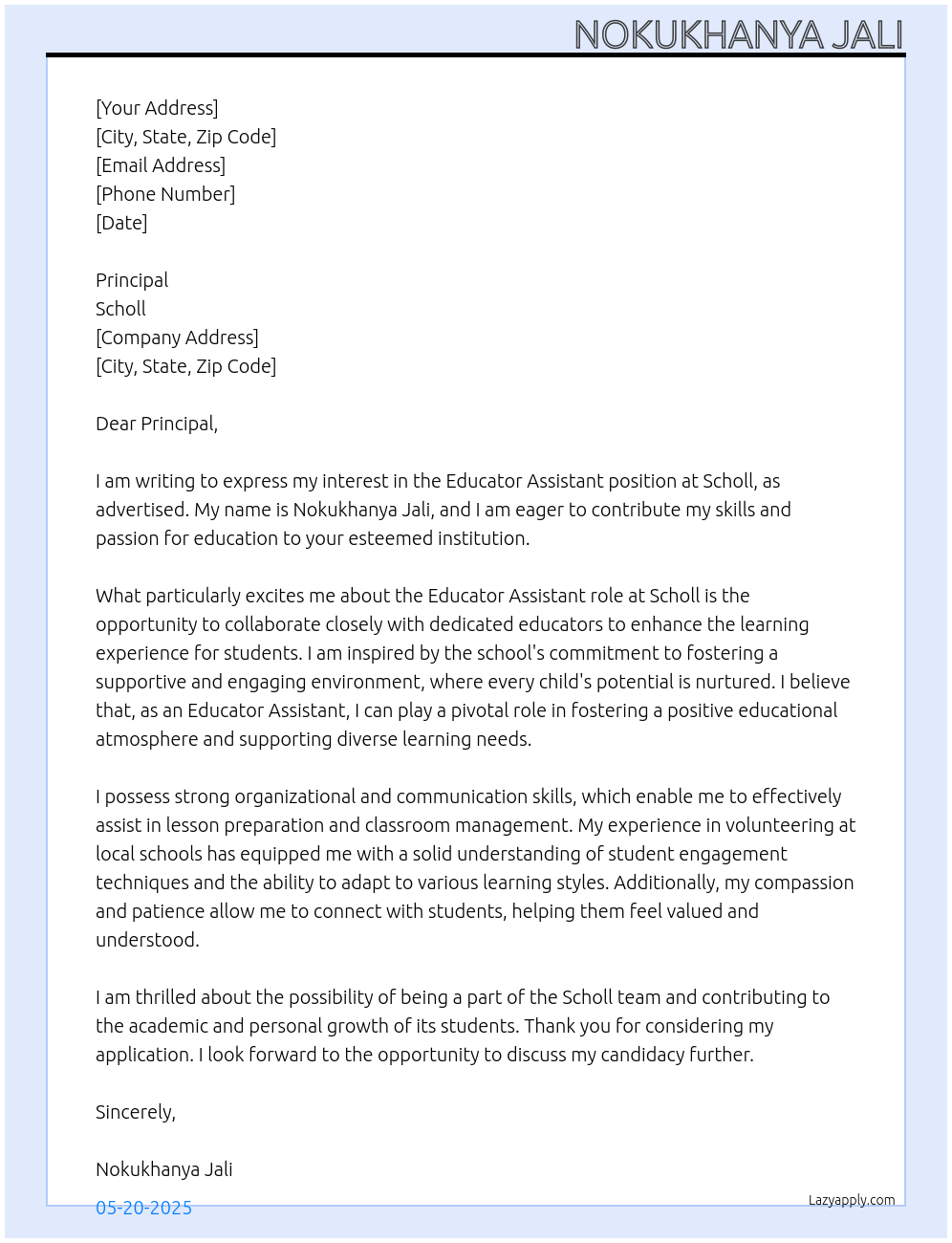 Educator assistant  At Scholl Cover Letter