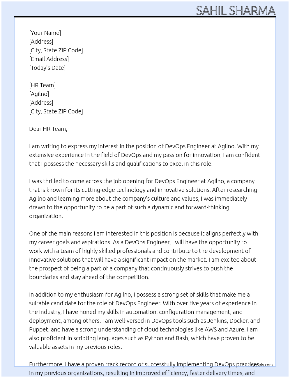 DevOps Engineer At Agilno Cover Letter