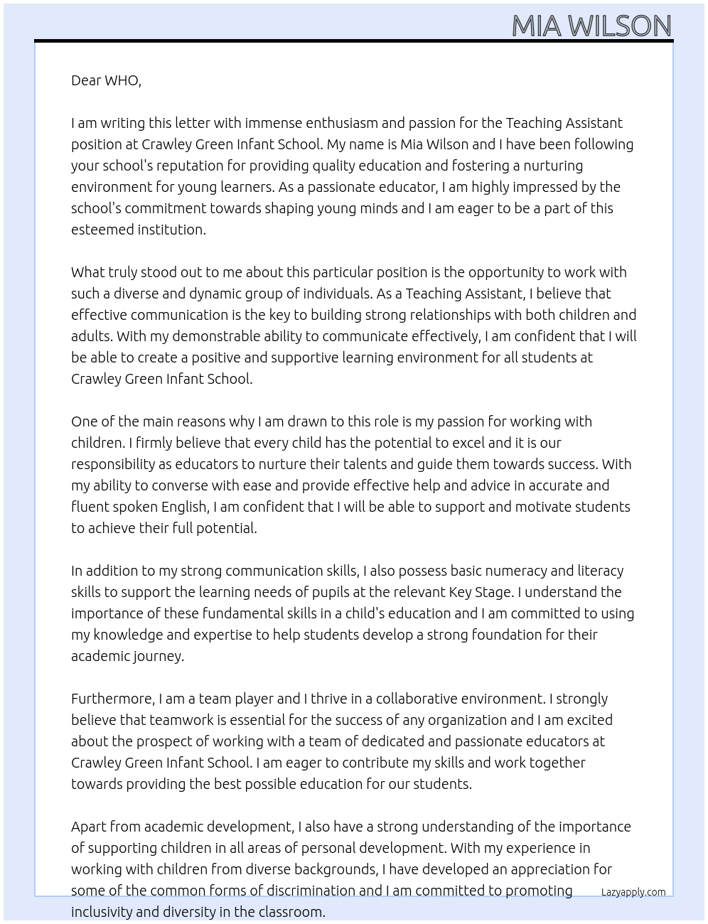 Teaching Assistant At Crawley Green Infant School Cover Letter