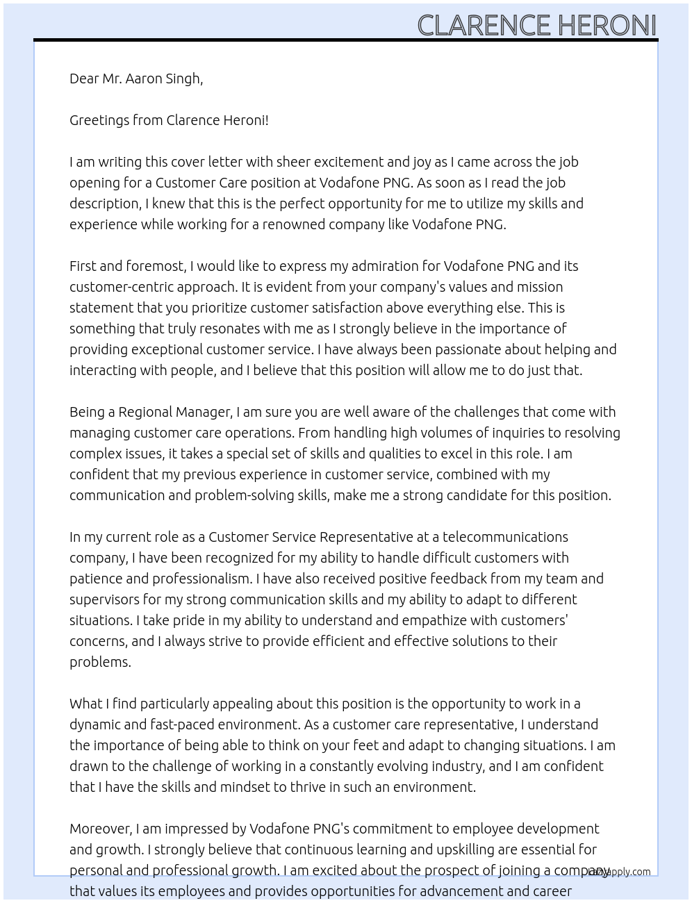 Customer Care  At Vodafone PNG  Cover Letter