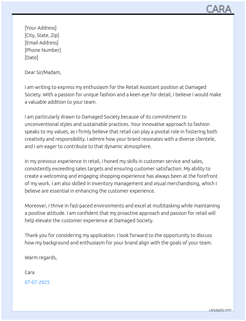 retail assistant At damaged society Cover Letter