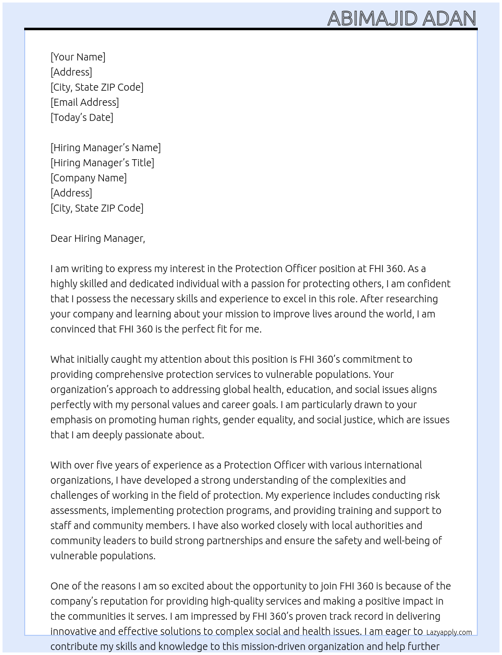 Protection Officer At FHI 360 Cover Letter