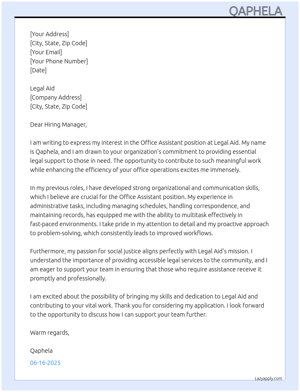 Office Assistant  At Legal Aid  Cover Letter