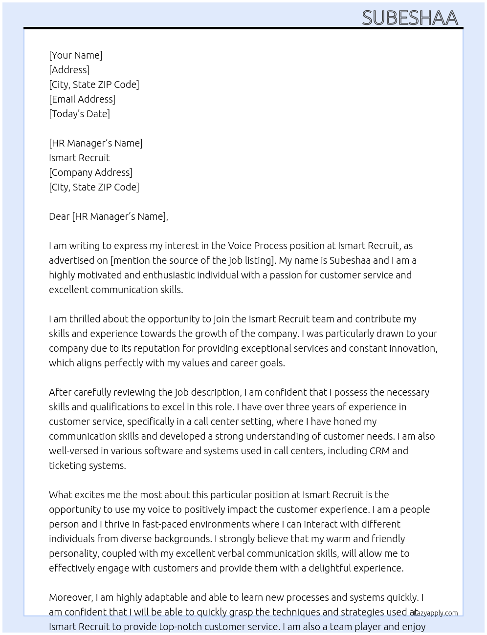 Voice process At Ismart recurit Cover Letter