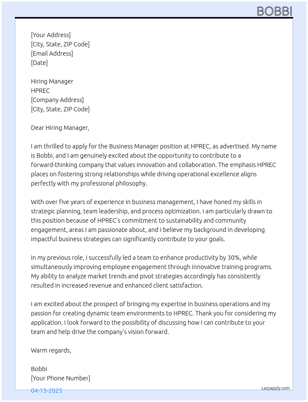 Business Manager At HPREC Cover Letter