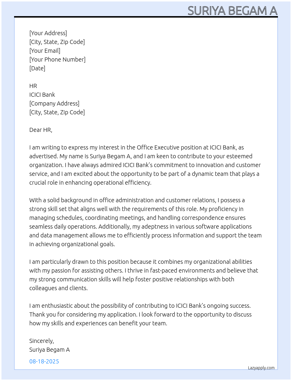 Office executive At ICICI BANK Cover Letter