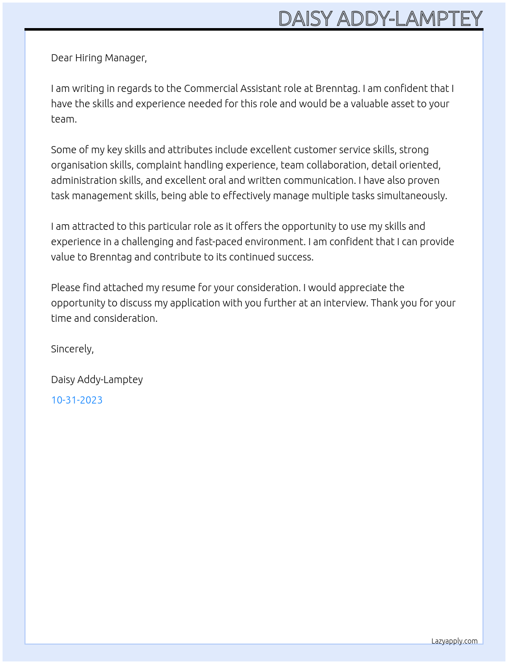 Commercial Assistant At Brenntag Cover Letter