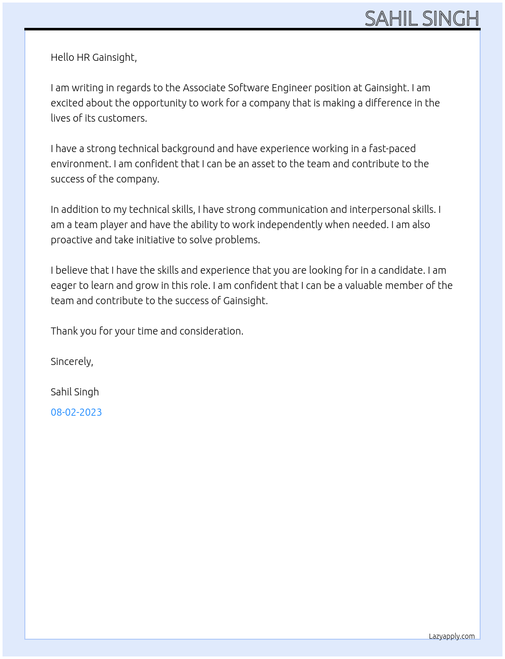Associate Software engineer At Gainsight Cover Letter
