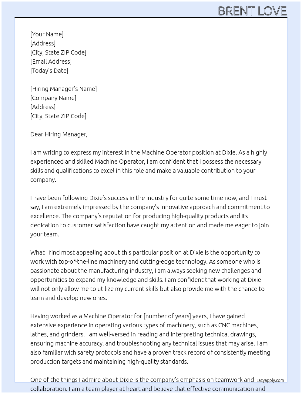 Machine Operator At Dixie Cover Letter