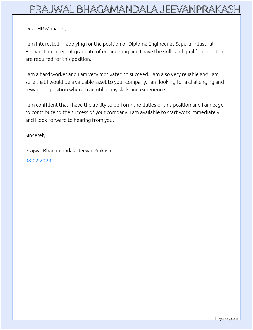 Diploma engineer  At Sapura Industrial Berhad Cover Letter