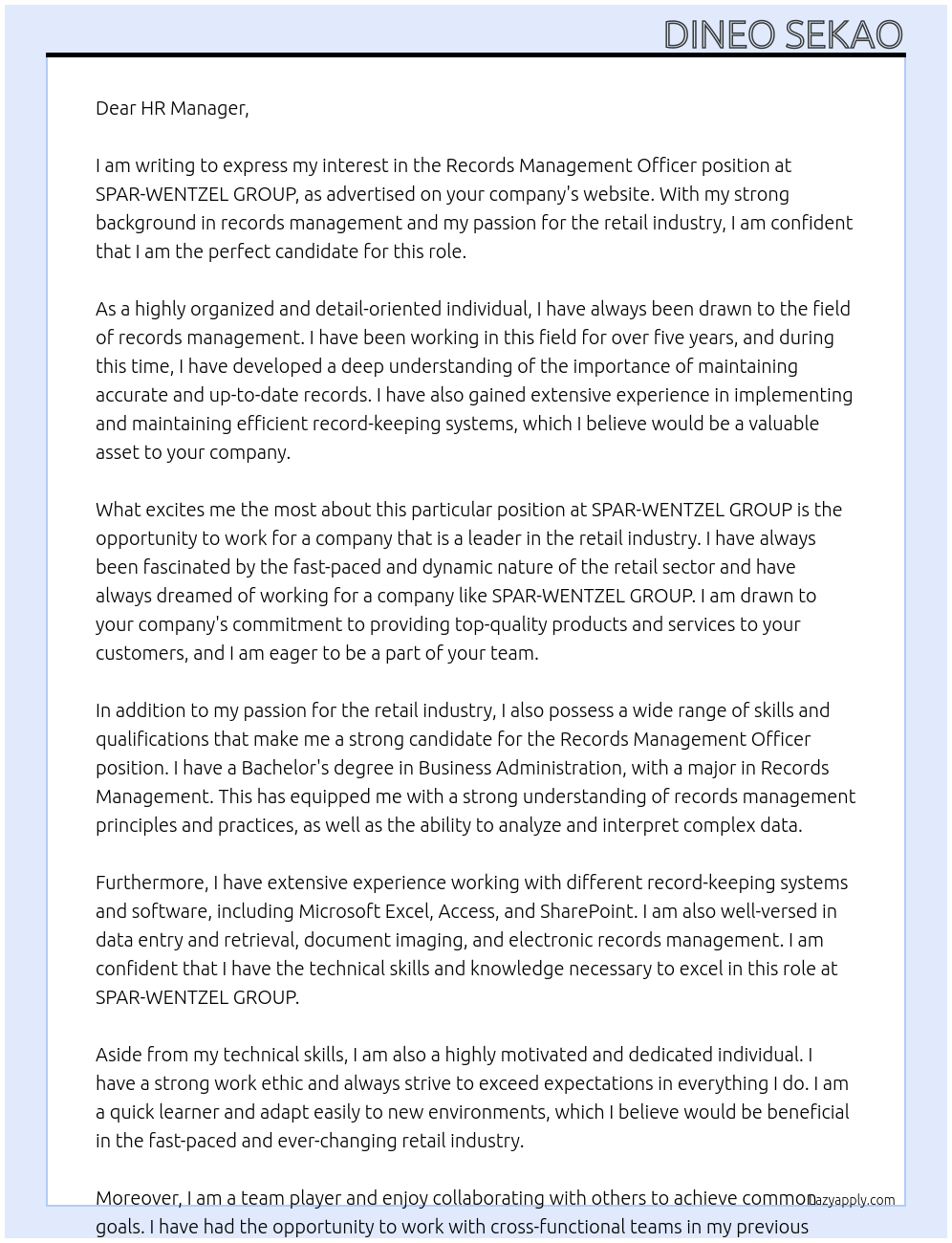 Records Management Officer At SPAR-WENTZEL GROUP Cover Letter