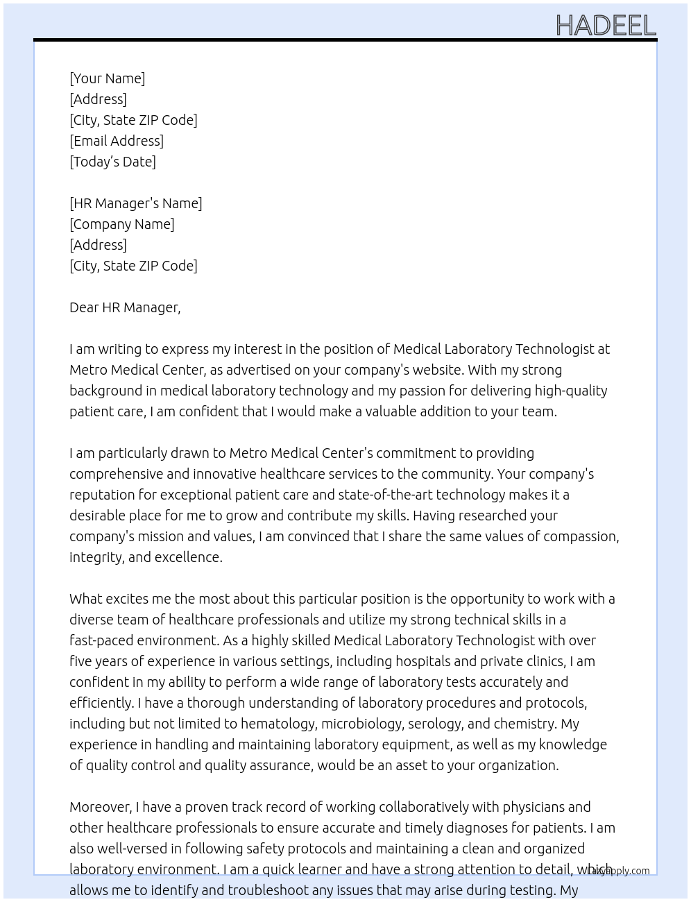 Medical Laboratory Technologist At Metro Medical Center Cover Letter