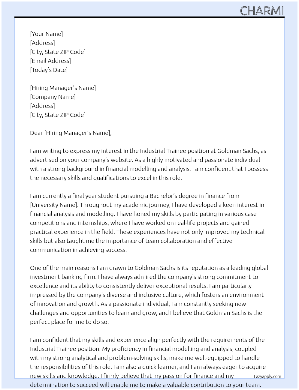 Industrial trainee At Goldman Sachs Cover Letter