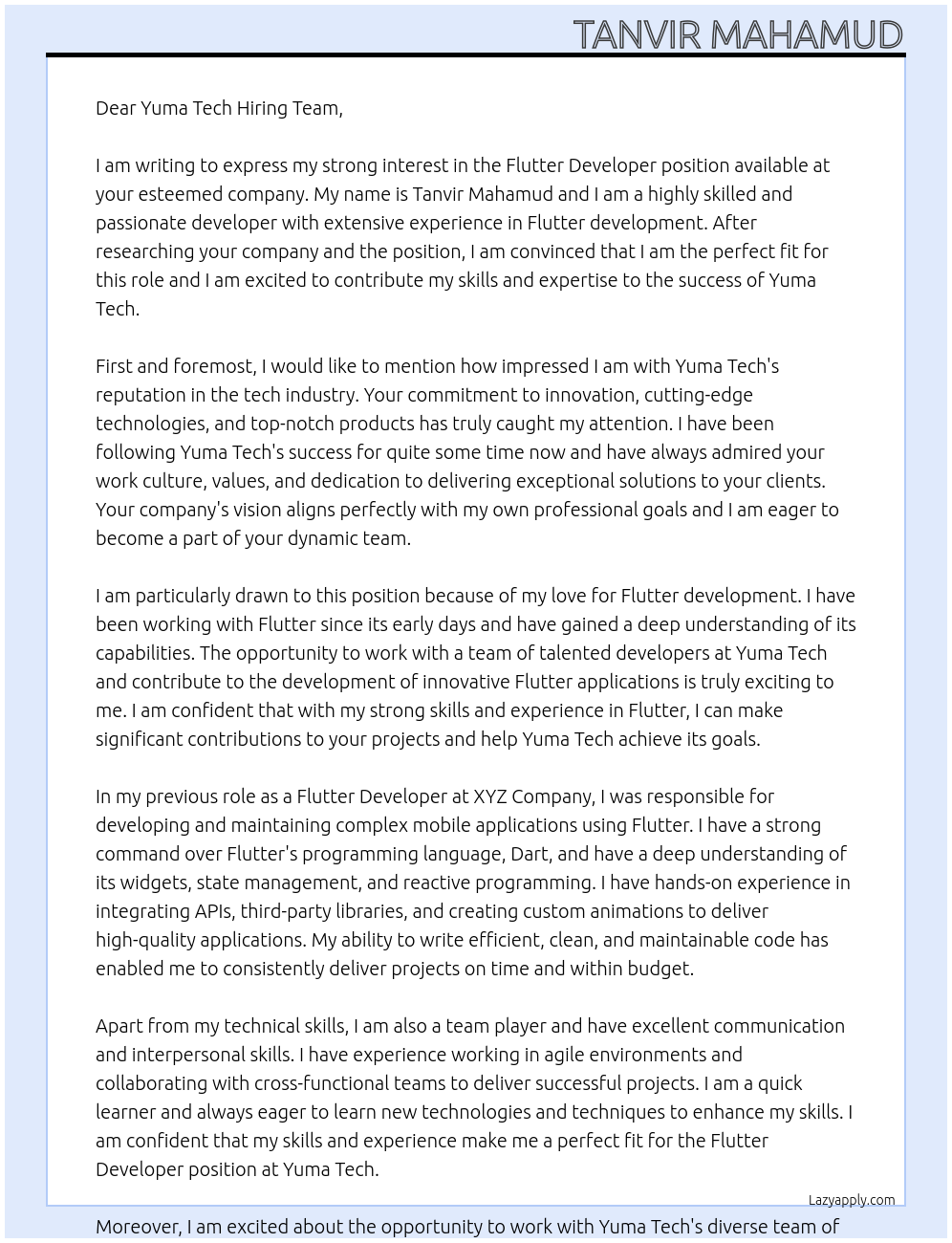 Flutter Developer At yuma tech Cover Letter