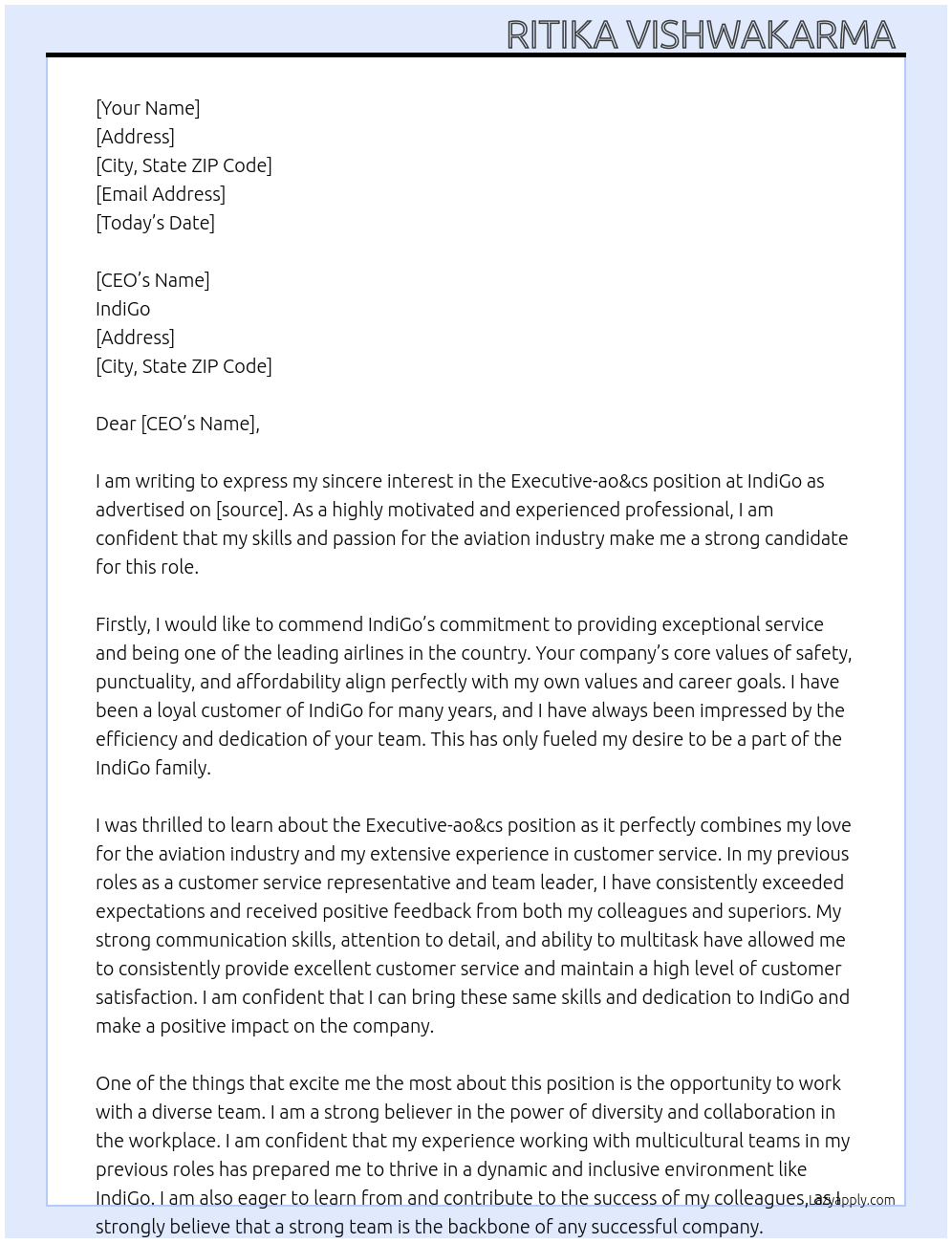 IndiGo At Executive- ao&cs Cover Letter