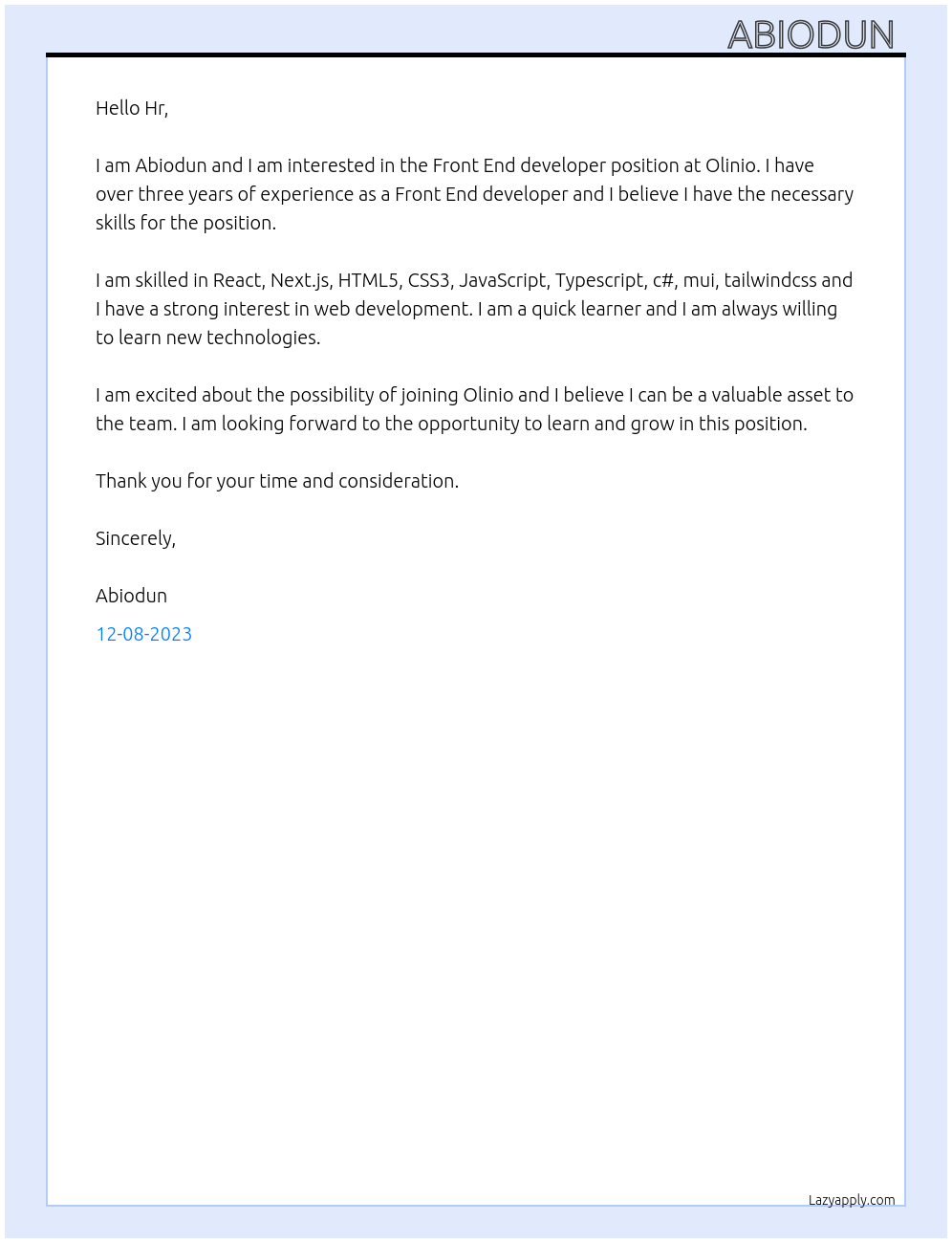 Front End developer At Olinio Cover Letter