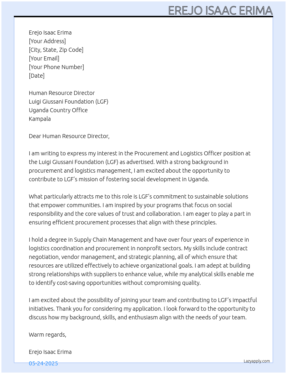 Procurement and Logistics officer At Luigi Giussani Foundation (LGF) - Uganda country Office Kampala Cover Letter