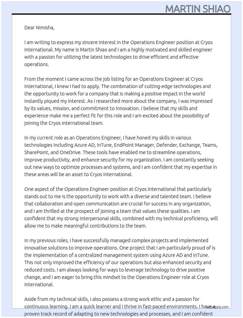 Operations Engineer At Cryos International Cover Letter