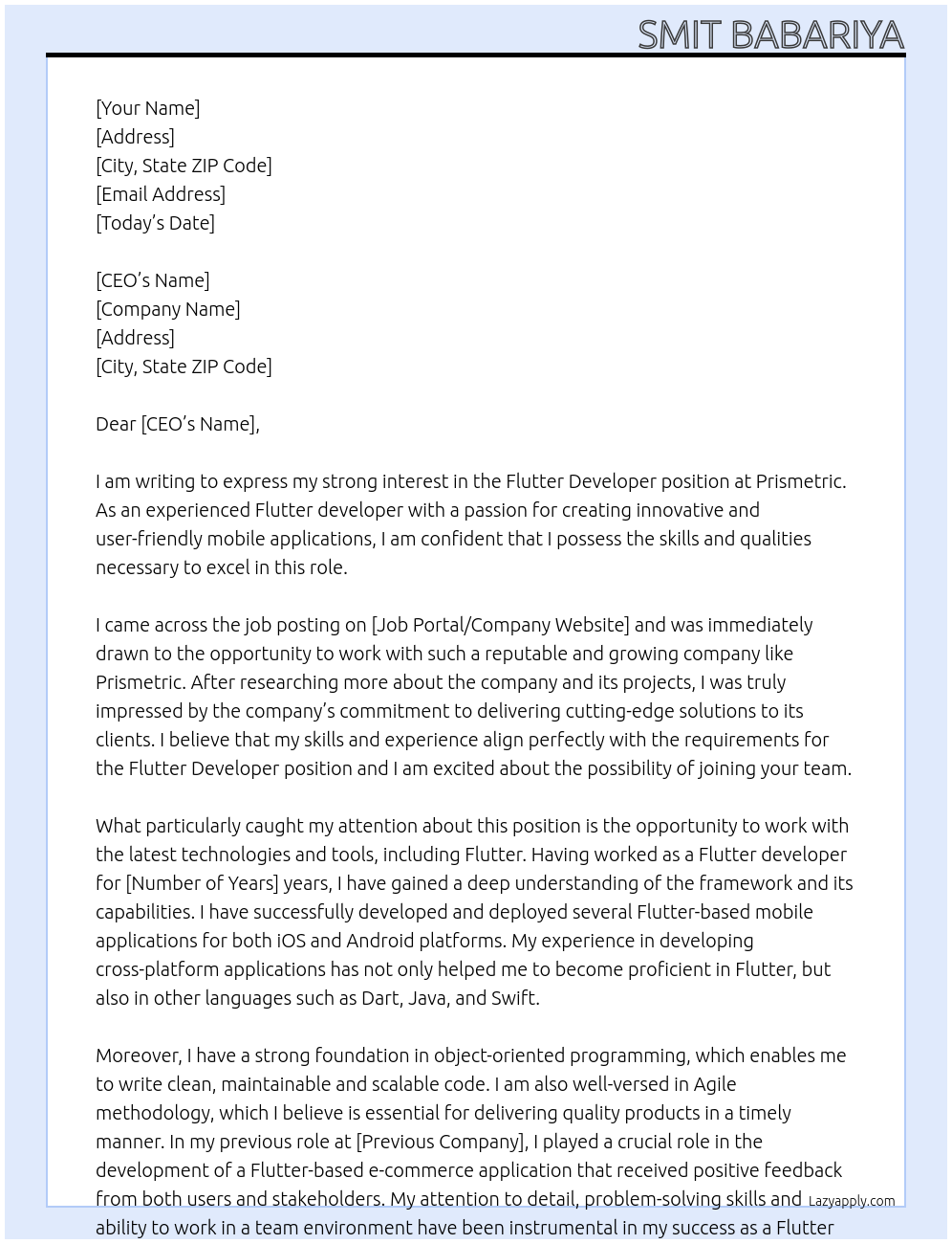 Flutter Developer At Prismetric Cover Letter