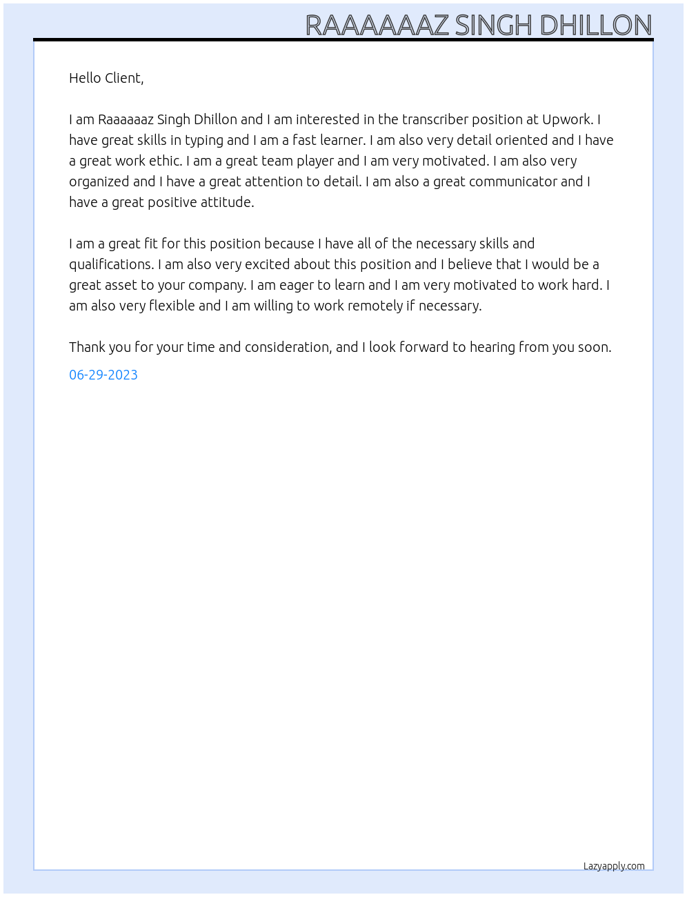 Transcriber At Upwork Cover Letter