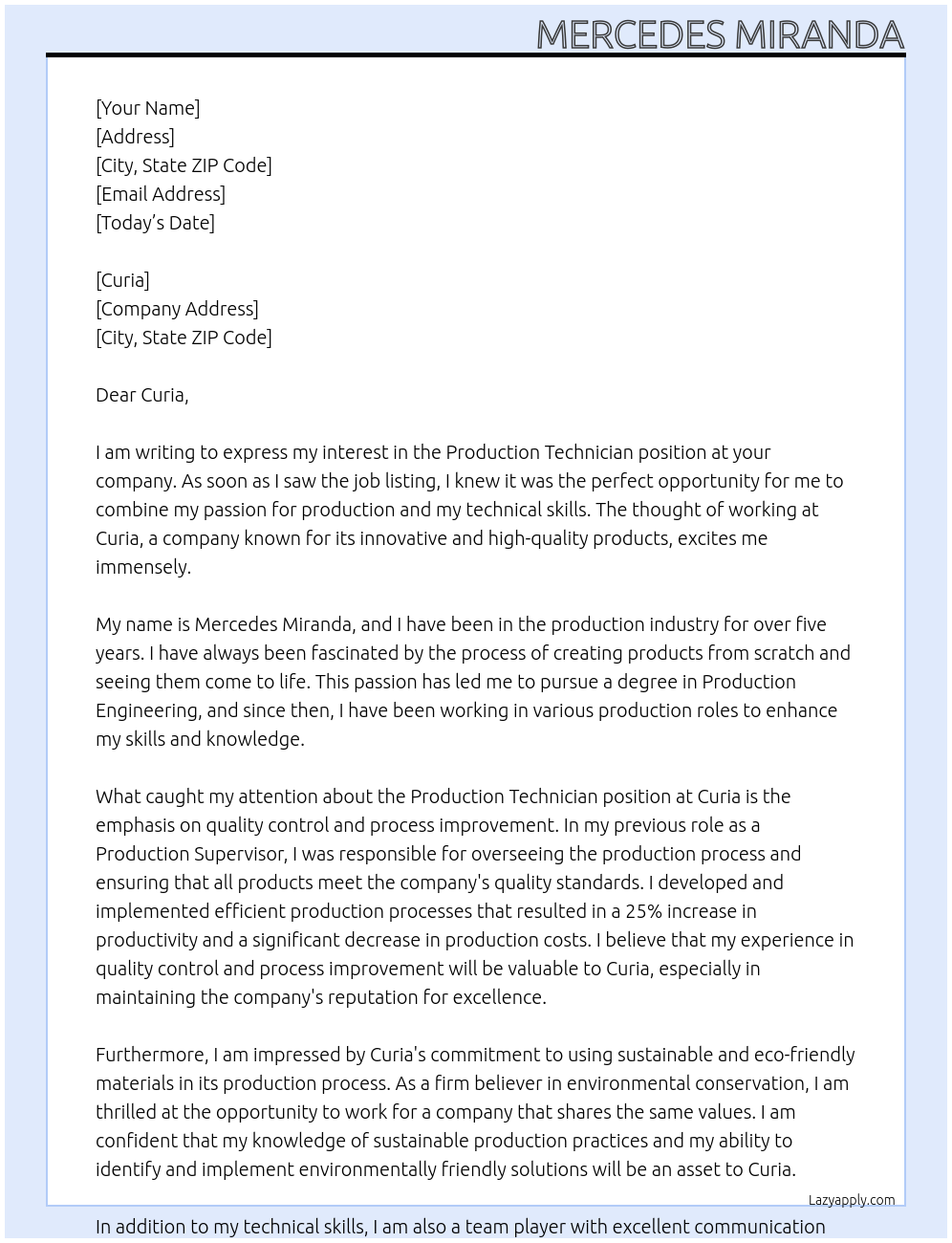 Production technician At Curia Cover Letter