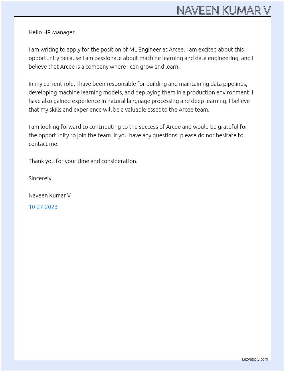 ML Engineer At Arcee Cover Letter