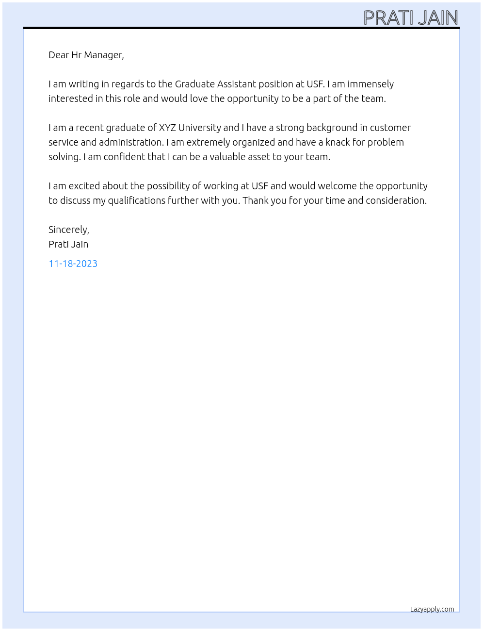 Graduate Assistant At USF Cover Letter