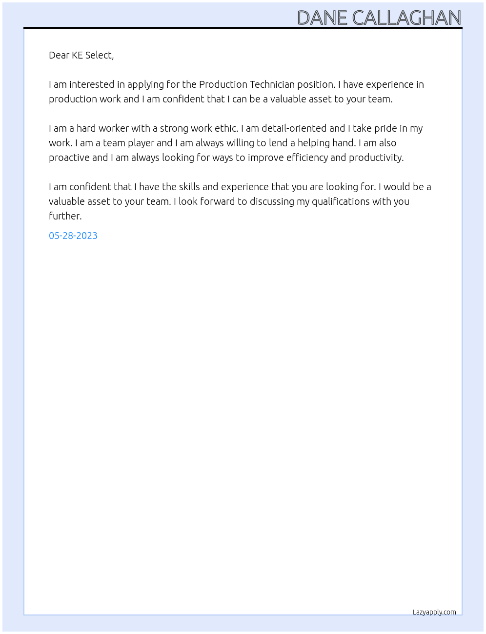 Production Technician At KE Select Cover Letter