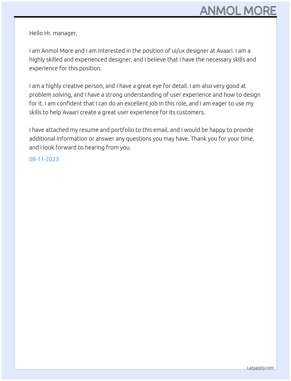 ui/ux designer At Avaari Cover Letter