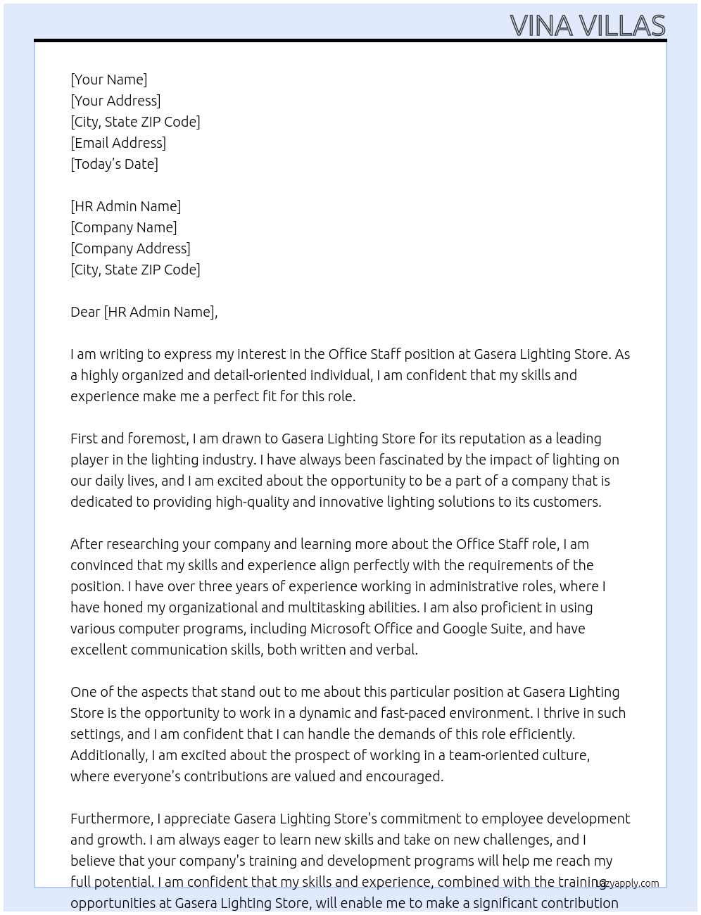 Office Staff At Gasera Lighting store Cover Letter