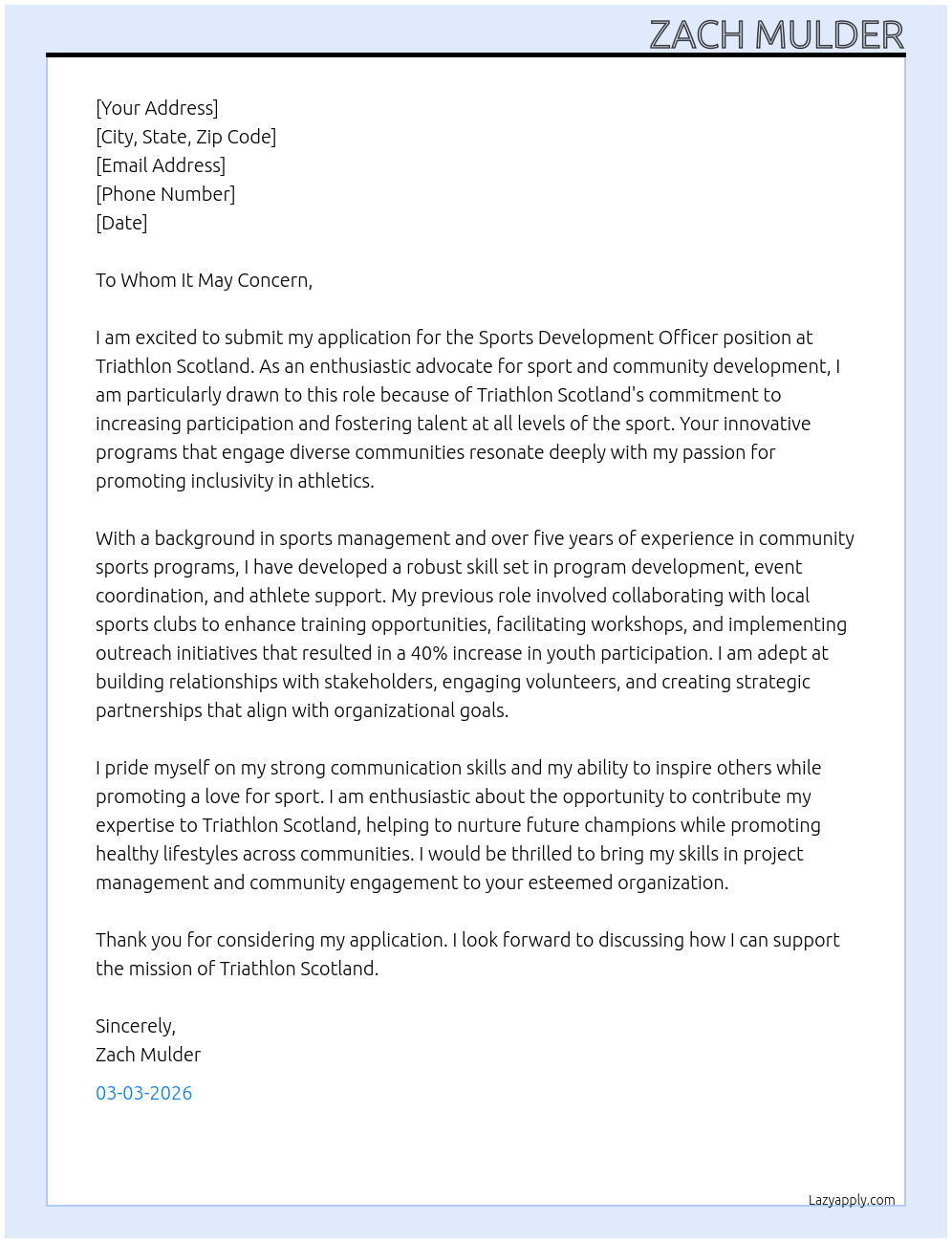 Cover letter for sports development officer - LazyApply