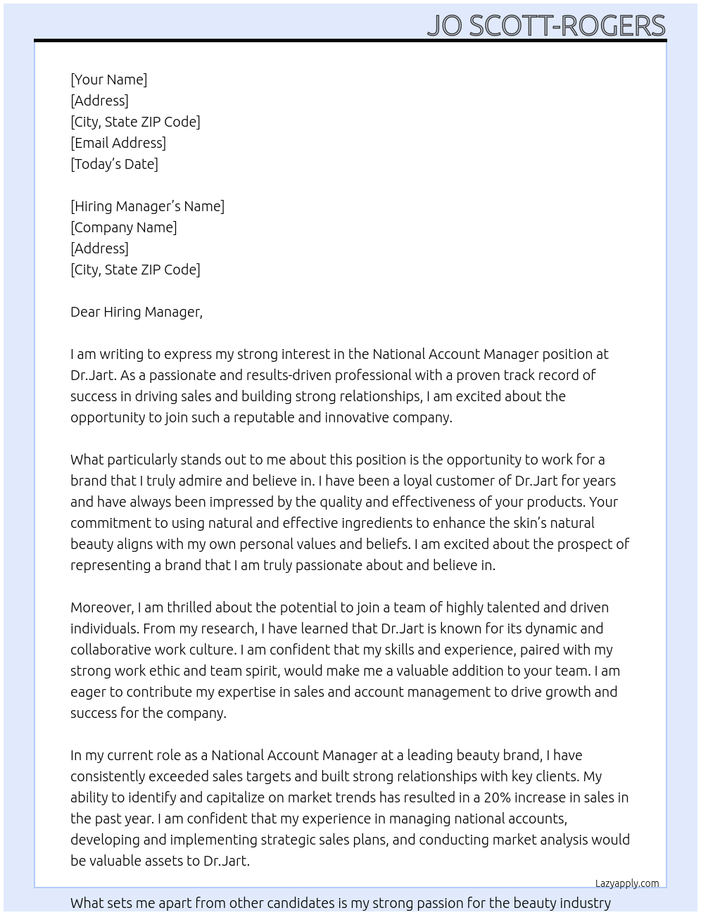 National Account Manager At Dr.Jart Cover Letter