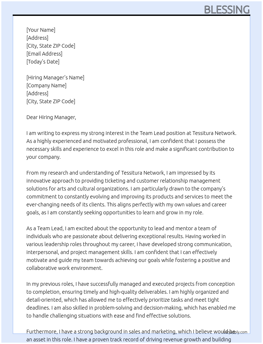 TEAM LEAD At tessitura network Cover Letter