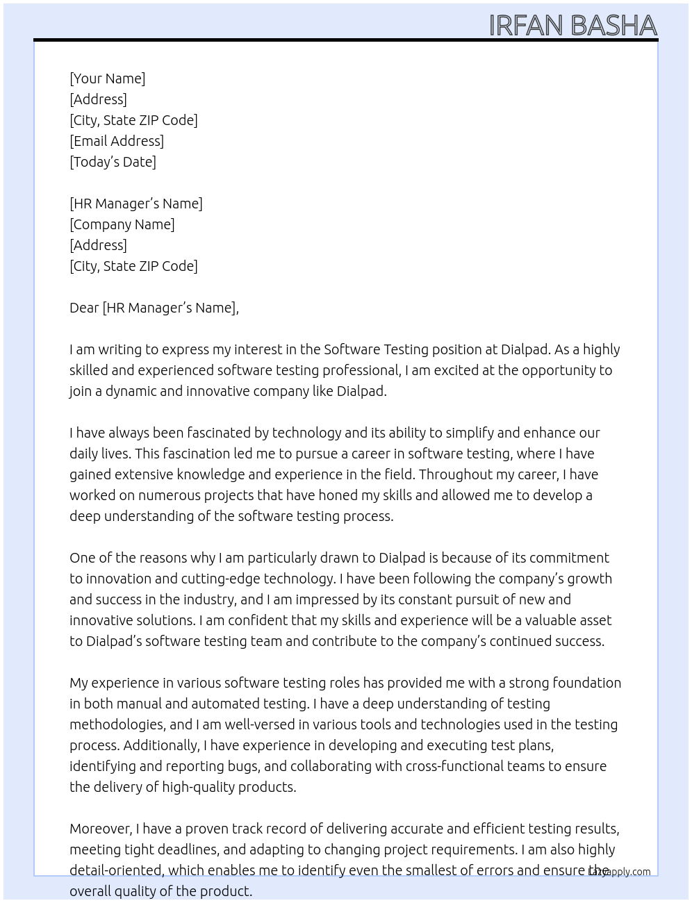 software testing At dial pad Cover Letter