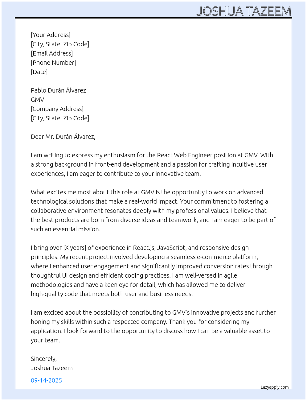 Cover letter for react web engineer - LazyApply